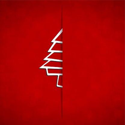 A vector illustration of a white christmas tree in the middle of a red background.  Apt for Xmas, Christmas, New Year Day New year's eve, holiday, vacation, vacations  theme backgrounds, greeting card, poster and backdrop. The tree is being inserted into a vertical opening or cut on the sheet, looks like an envelope. Only half of the tree is visible, the rest is hidden or concealed.