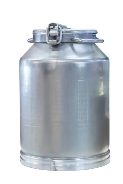 Aluminum food metal new clean houseware for farming isolate on white background. Industrial large barrel can, vessel for storing and transporting milk