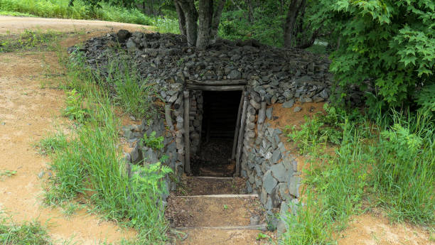 partisan unterirdischen bunker in wladiwostok sommerwald mit grünem gras maskiert - pit house stock-fotos und bilder