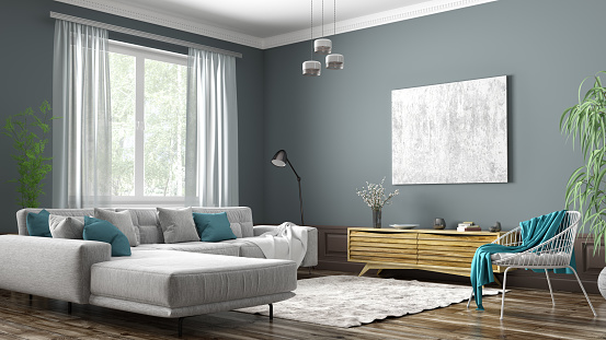 Modern interior design of Scandinavian apartment, living room with grey sofa, sideboard and white armchair 3d rendering