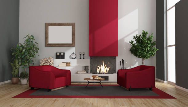istock Modern living room with fireplace and armchairs 1186469758