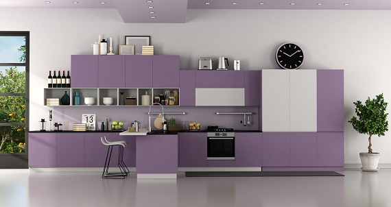 Modern purple and white modern kitchen with island and barstool - 3d rendering\nroom does not exist in reality, Property model is not necessary