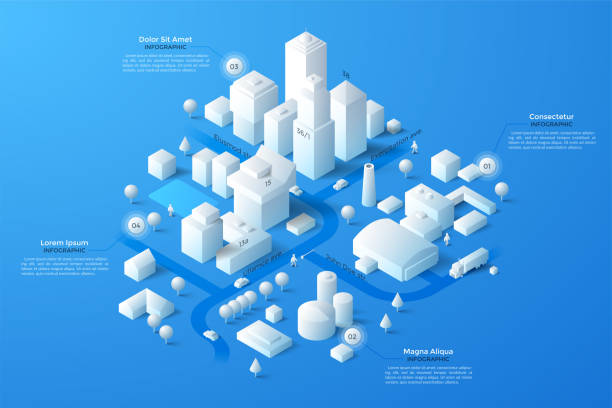Modern Infographic Template Modern isometric or 3d location map with paper white living and industrial buildings, city landmarks, streets and place for text or description. Clean infographic design template. Vector illustration. industry and manufacturing infographics stock illustrations