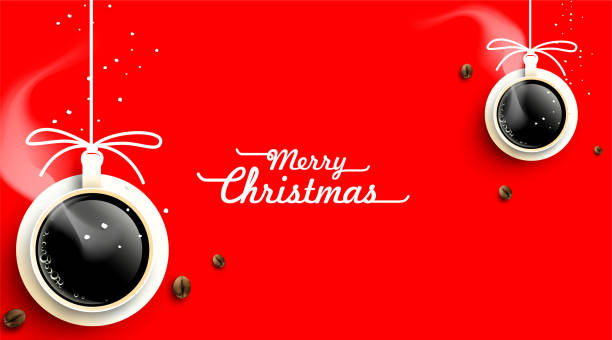 bildbanksillustrationer, clip art samt tecknat material och ikoner med kopp kaffe med juldekorationer och kaffebönor på röd bakgrund ovanifrån. varm dryck lukt av julen. enkelt koncept. vinter kafé bakgrund. -vektor - julfika