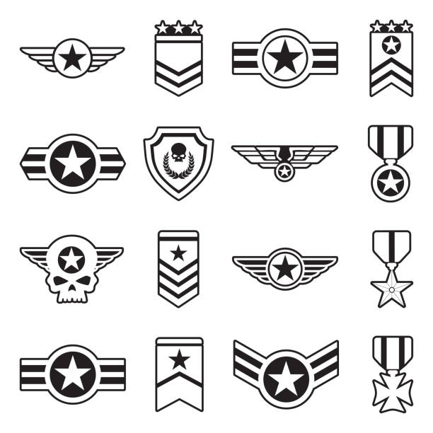 militärische abzeichen symbole. linie mit fülldesign. vektor-illustration. - sergeant stock-grafiken, -clipart, -cartoons und -symbole