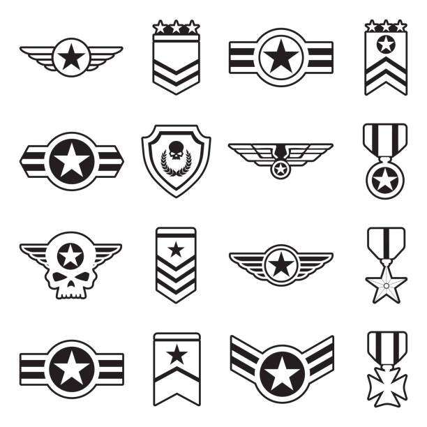 ikony odznak wojskowych. linia z projektem wypełnienia. ilustracja wektorowa. - sergeant stock illustrations