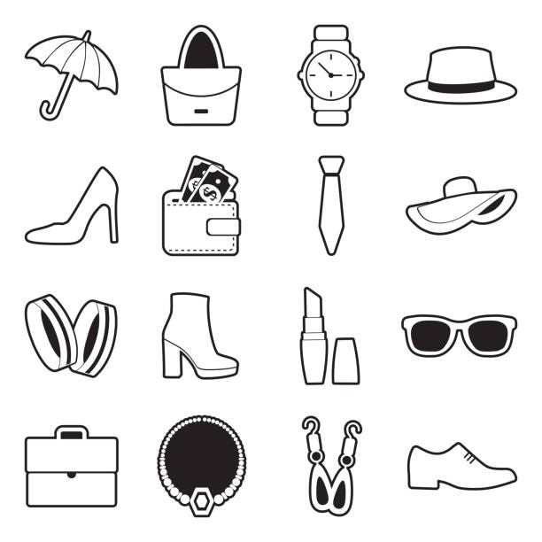 ilustraciones, imágenes clip art, dibujos animados e iconos de stock de iconos de accesorios personales. línea con diseño de relleno. ilustración vectorial. - shoe single object isolated red