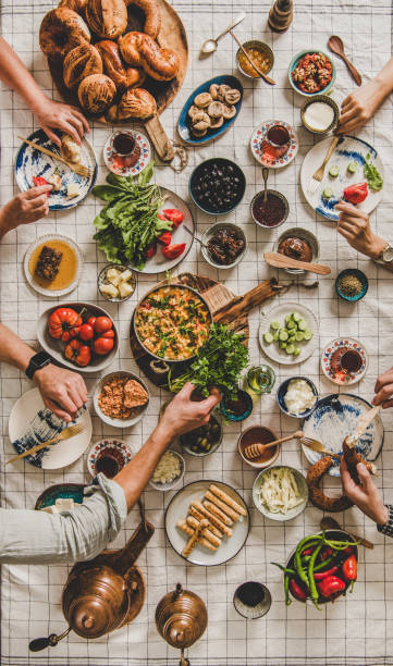 istock Flat-lay family eating traditional Turkish breakfast with black tea 1186475769
