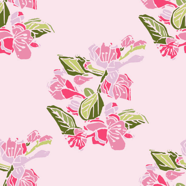 ピンクの背景にリンゴの木の花の色の開花枝の手作りのリノカットとシームレスなパターン。ベクトル図 - color image colored background tree branch点のイラスト素材／クリップアート素材／マンガ素材／アイコン素材