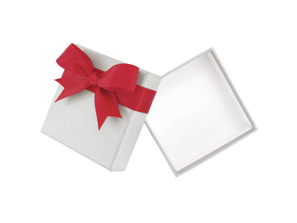 istock open empty single white gift box with crimson red ribbon bow wrapped around the lid isolated on white background 1186481621