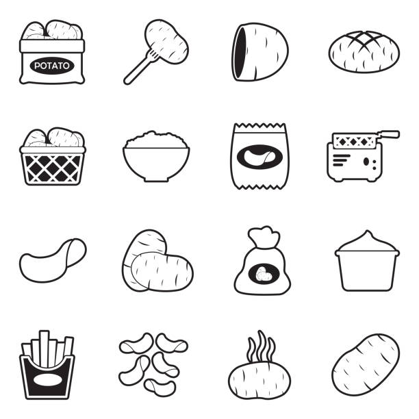 ilustraciones, imágenes clip art, dibujos animados e iconos de stock de iconos de papa. línea con diseño de relleno. ilustración vectorial. - raw potato red potato red vegetable