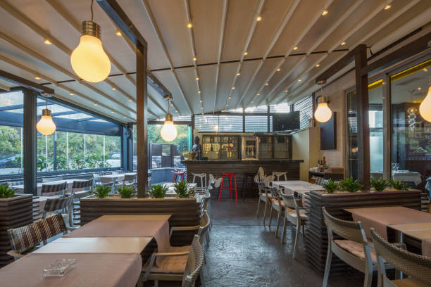istock Restaurant with large open garden interior 1186490071