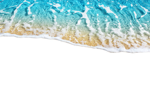 istock Blue sea wave tide pattern on white background isolated closeup top view, turquoise ocean water surf texture, summer holidays frame border, tropical vacation backdrop, travel banner design, copy space 1186491362