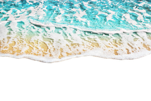 istock Blue sea wave tide pattern on white background isolated closeup top view, turquoise ocean water surf texture, summer holidays frame border, tropical vacation backdrop, travel banner design, copy space 1186496888