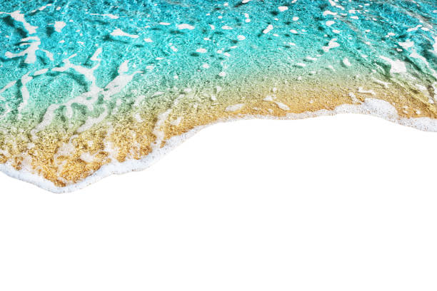 istock Blue sea wave tide pattern on white background isolated closeup top view, turquoise ocean water surf texture, summer holidays frame border, tropical vacation backdrop, travel banner design, copy space 1186497010