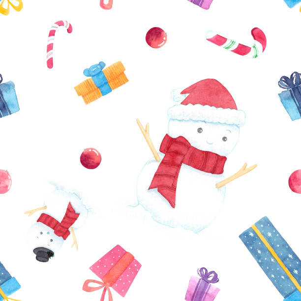ilustrações de stock, clip art, desenhos animados e ícones de happy holidays seamless pattern with colorful gift boxes, snowman, candy cane and decoration ball. design element can be used for wallpaper, packaging, background. - gift box packaging drawing illustration and painting