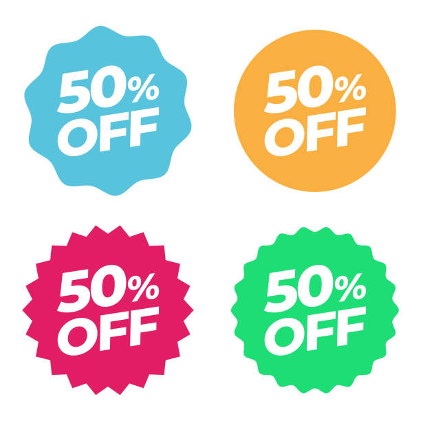 sonderangebot verkaufsanhänger. rabatt 50% angebotspreis multicolor label und flat design - discountladen stock-grafiken, -clipart, -cartoons und -symbole