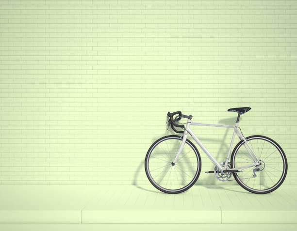 White bicycle in the lower right corner of the frame 3d rendering. 3d illustration ecological urban transport. Vintage bicycle in the room against wall. Copy space. green background.