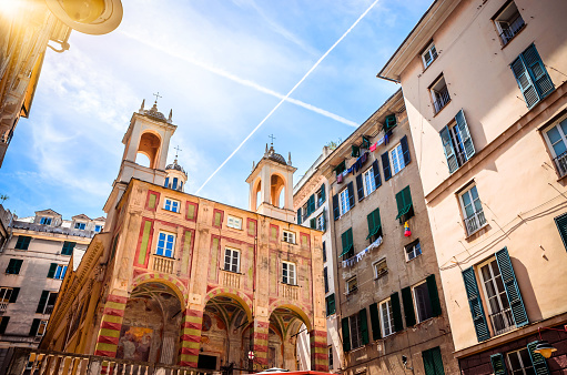 Beautiful cozy streets of Genoa in  summer day, Liguria, Italy