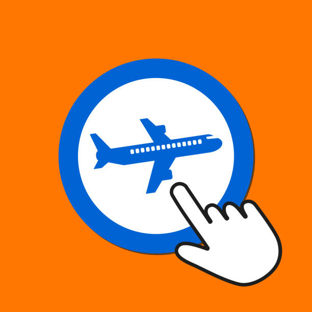 ilustrações de stock, clip art, desenhos animados e ícones de airplane icon. traveling concept. hand mouse cursor clicks the button. - tap airplane
