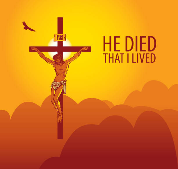 banner with Jesus Christ crucified on the cross Vector illustration on a religious theme with crucifix and words He died that I lived. Cross with crucified Jesus Christ on the background of sky and mountains at sunrise. what mountain was jesus crucified on stock illustrations