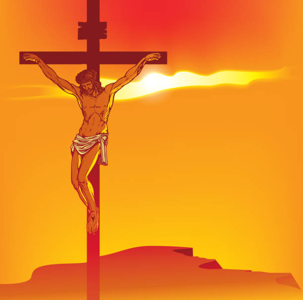 banner with Jesus Christ crucified on the cross Vector illustration on religion theme with the mountain Calvary and the crucifixion. Cross with crucified Jesus Christ at sunset. Religious banner with the biblical story for Easter or Good Friday what mountain was jesus crucified on stock illustrations
