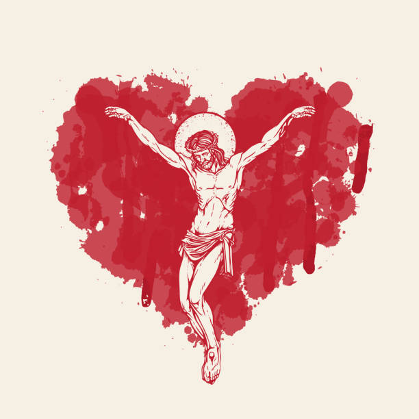 Crucified Jesus Christ in the abstract red heart Vector banner with crucifix. Religious illustration with crucified Jesus Christ in the abstract red heart inside. Love of God, Catholic and Christian symbol. pictures of the blood of jesus stock illustrations