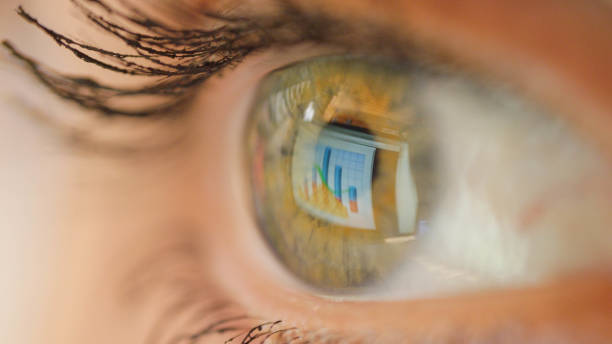 MACRO CLOSEUP Charts and graphs reflecting from the screen onto the eye surface.