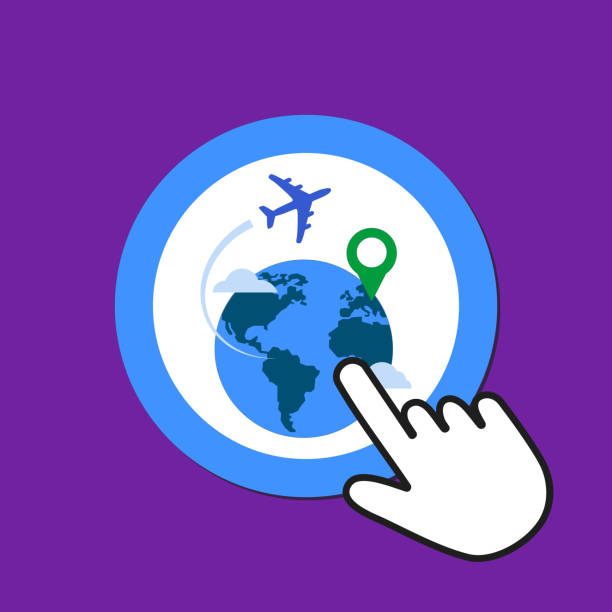ilustrações de stock, clip art, desenhos animados e ícones de earth with airplane icon. traveling concept. hand mouse cursor clicks the button. - tap airplane