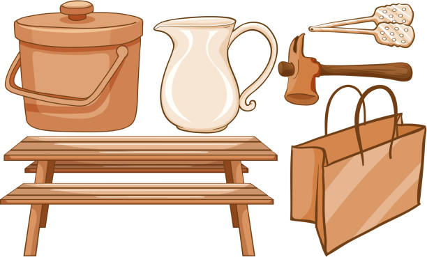 illustrations, cliparts, dessins animés et icônes de ensemble d'isolement des articles ménagers dans le brun - table de jardin