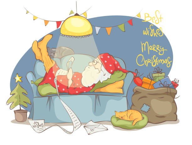 ilustrações, clipart, desenhos animados e ícones de cartão de natal, melhores desejos. - domestic cat indoors domestic life image
