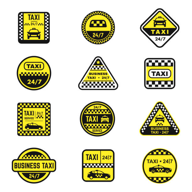 Checkered taxi signs flat vector icons set Checkered taxi signs flat vector icons set. City cab service symbols bundle isolated on white. Urban transportation company logotypes collection. Public auto transport design element pack taxi logo background stock illustrations