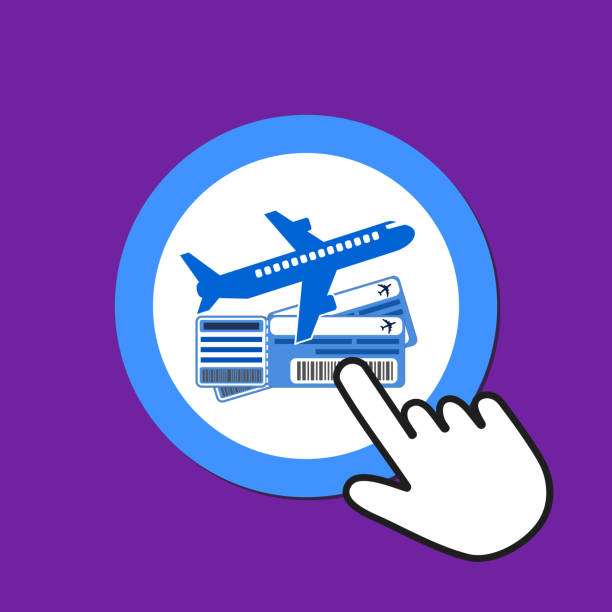 ilustrações de stock, clip art, desenhos animados e ícones de airplane with tickets icon. buying air tickets concept. hand mouse cursor clicks the button. - tap airplane