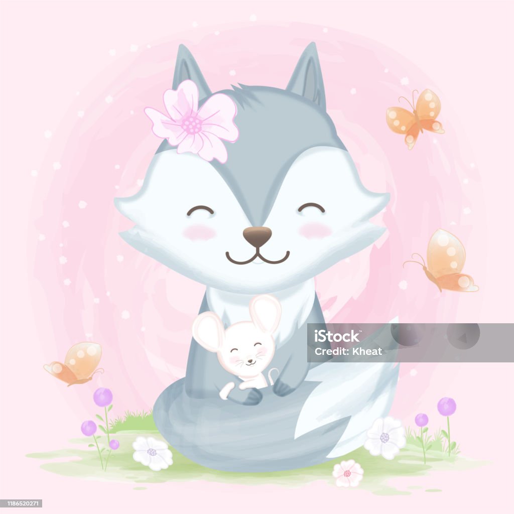 Sói Dễ Thương Ôm Với Bàn Tay Chuột Vẽ Động Vật Minh Họa Màu Nước ...