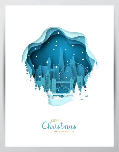 Vector illustration of Snowy London city. Paper art greeting card. Merry Christmas and Happy New Year London. Vector illustration.