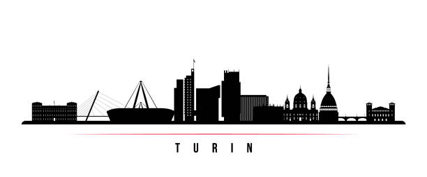 illustrazioni stock, clip art, cartoni animati e icone di tendenza di striscione orizzontale skyline torino. silhouette in bianco e nero di buenos torino. modello vettoriale per la progettazione. - torino