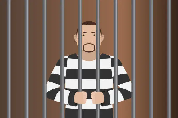 Vector illustration of Prisoner in striped jumpsuit standing behind prison bars. Vector illustration