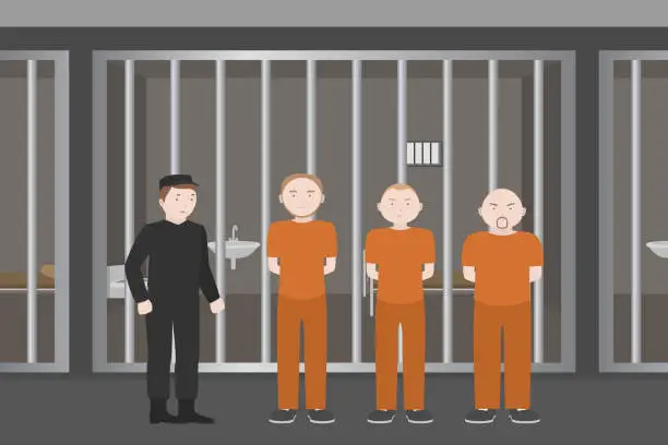 Vector illustration of Prison warden and convicts in orange jumpsuits. Vector illustration