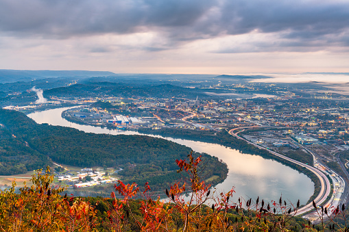 Chattanooga, Tennessee, USA view from Lookout Mountain at twilight.