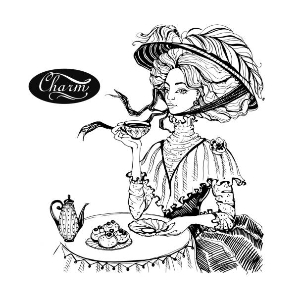 ilustrações, clipart, desenhos animados e ícones de bela senhora vintage. menina em um chá bebendo do chapéu. charme. gráficos. vetor - party tea party tea child