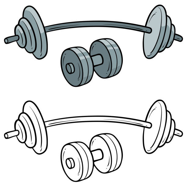 Cartoon barbell and dumbbell vector for coloring Cartoon metal sport barbell and dumbbell. Isolated on white background. Vector icon for coloring. barbell stock illustrations