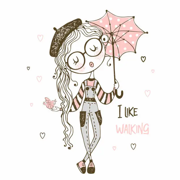 Vector illustration of Cute girl with umbrella walking. I like walking. Title. Vector