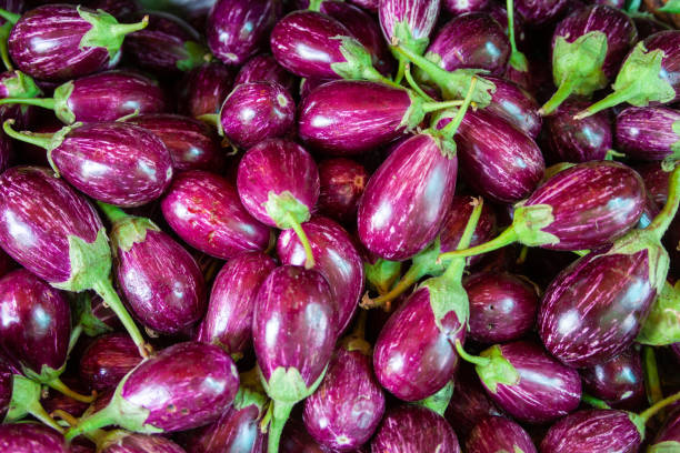 istock Egg plants beeing presented on the market. Sometimes they are displayed in baskets sometimes they are stacked. Lovely colors on these plants. 1186531061