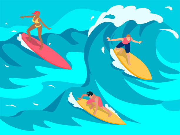 surfing kompozycja izometryczna - windsurfing obrazy stock illustrations