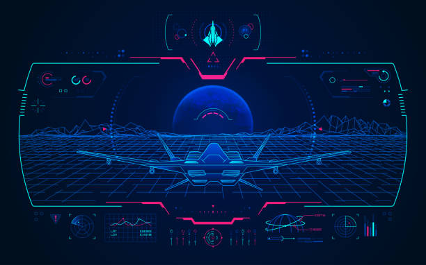 fying interface concept of aviation technology advancement, military aircraft with digital radar interface military infographic elements stock illustrations