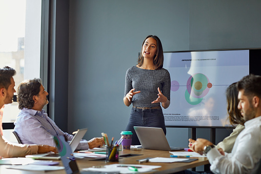 Businesswoman with red hair raising hand to ask question during a SWOT analysis presentation in large office room. Diverse audience, viewed from back.