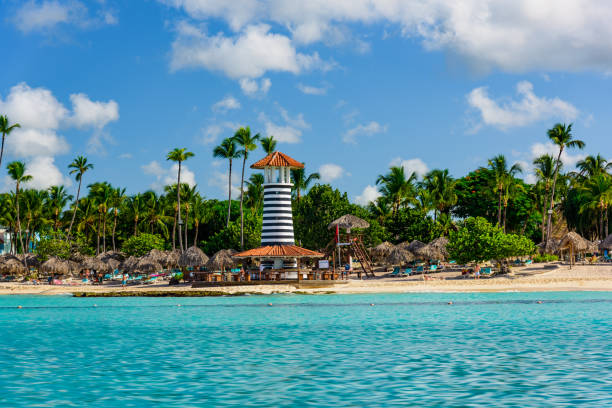striped lighthouse on the caribbean
