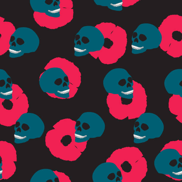 бесшовный узор синий человеческий череп и розовый цветок на черном, вектор eps 10 - pop art skull backgrounds pattern stock illustrations