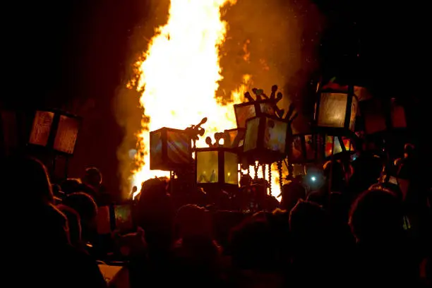 Stommeln, Germany, November 9, 2019: Big bonfire on Saint Martin's Day after the procession through the village