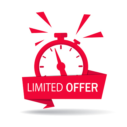 Red limited offer with clock for promotion, banner, price. Label countdown of time for offer sale or exclusive deal.Alarm clock with limited offer of chance on isolated background. vector illustration